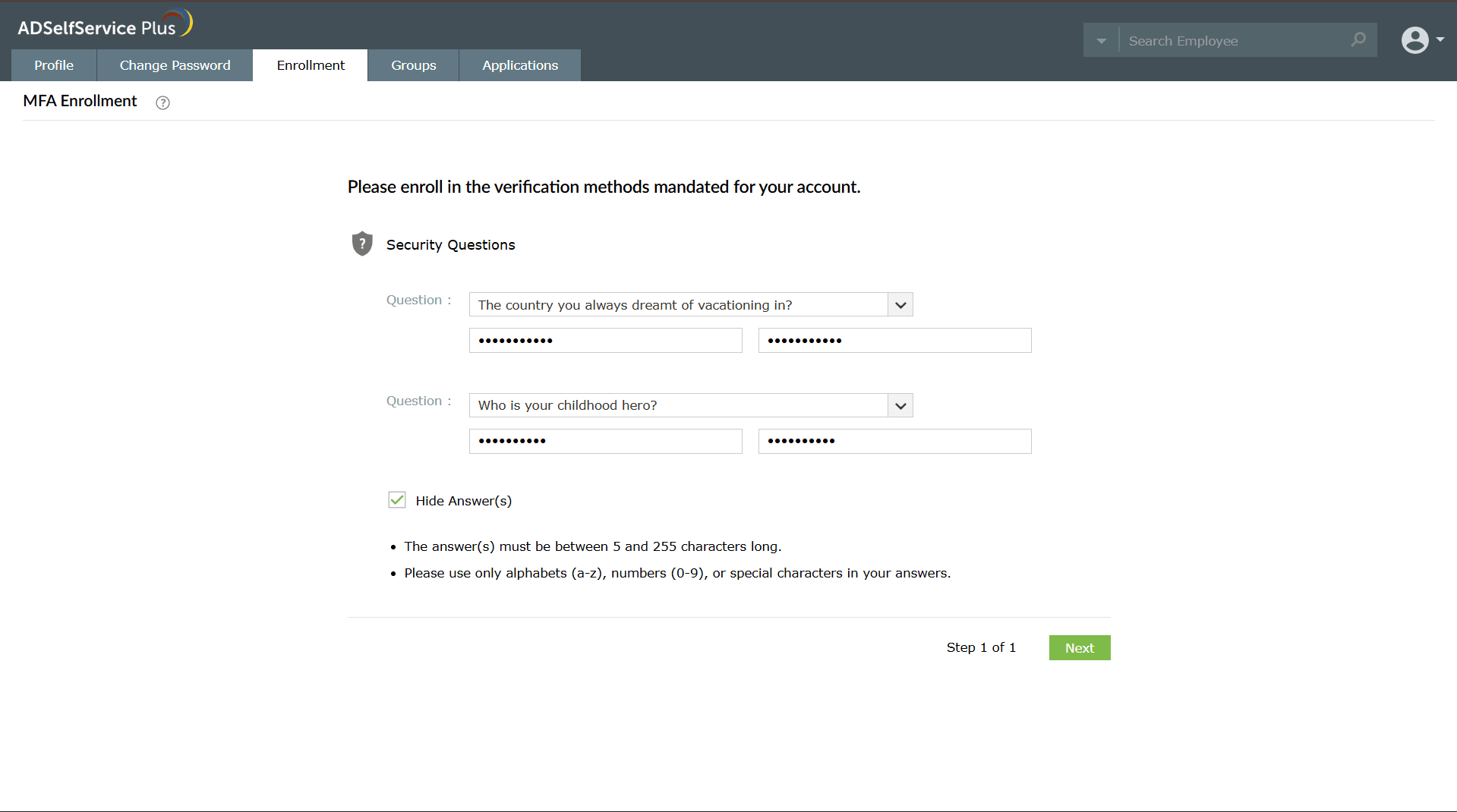 Enrolling with the mandatory security questions configured by your administrator