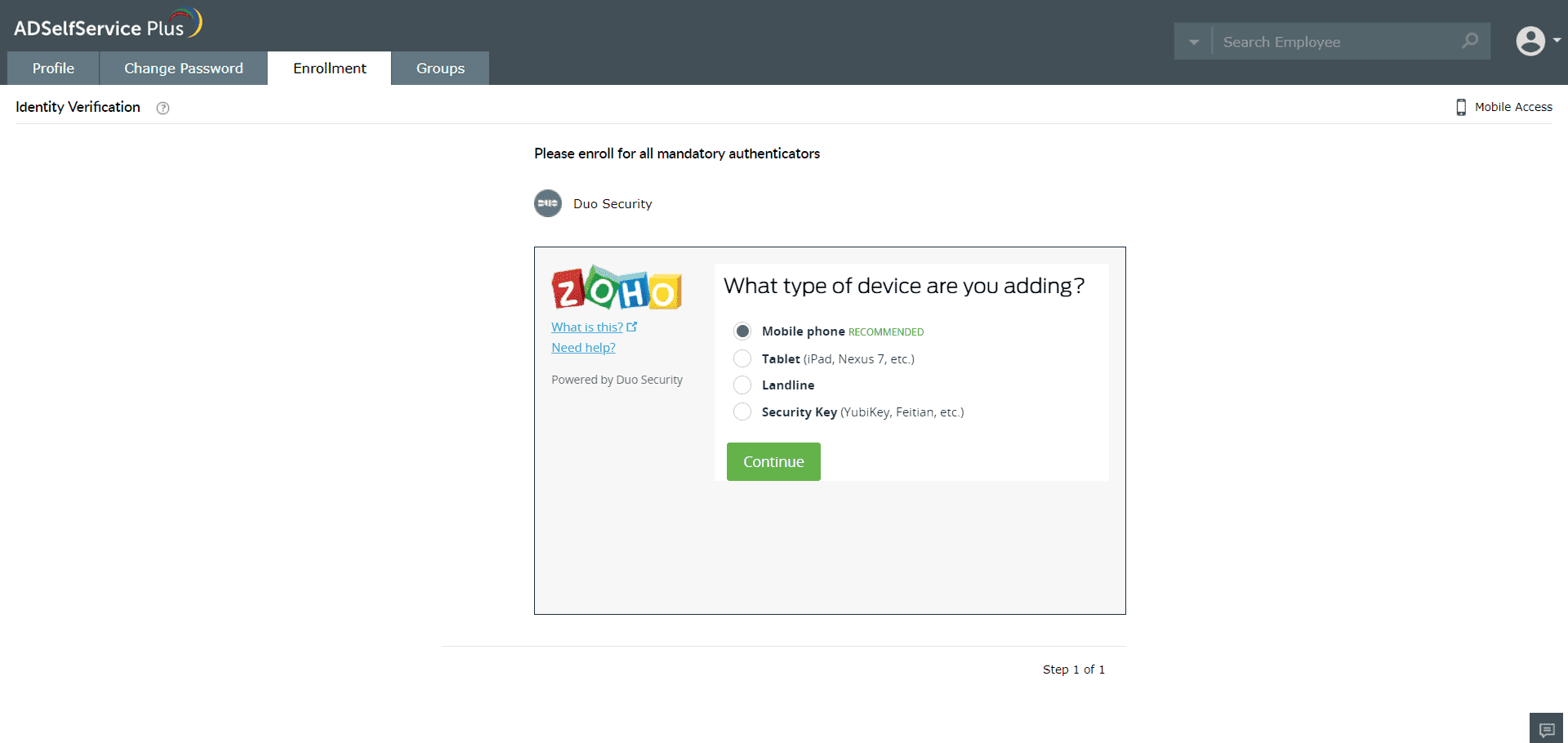 Enrolling for Duo Security by selecting the type of device to add