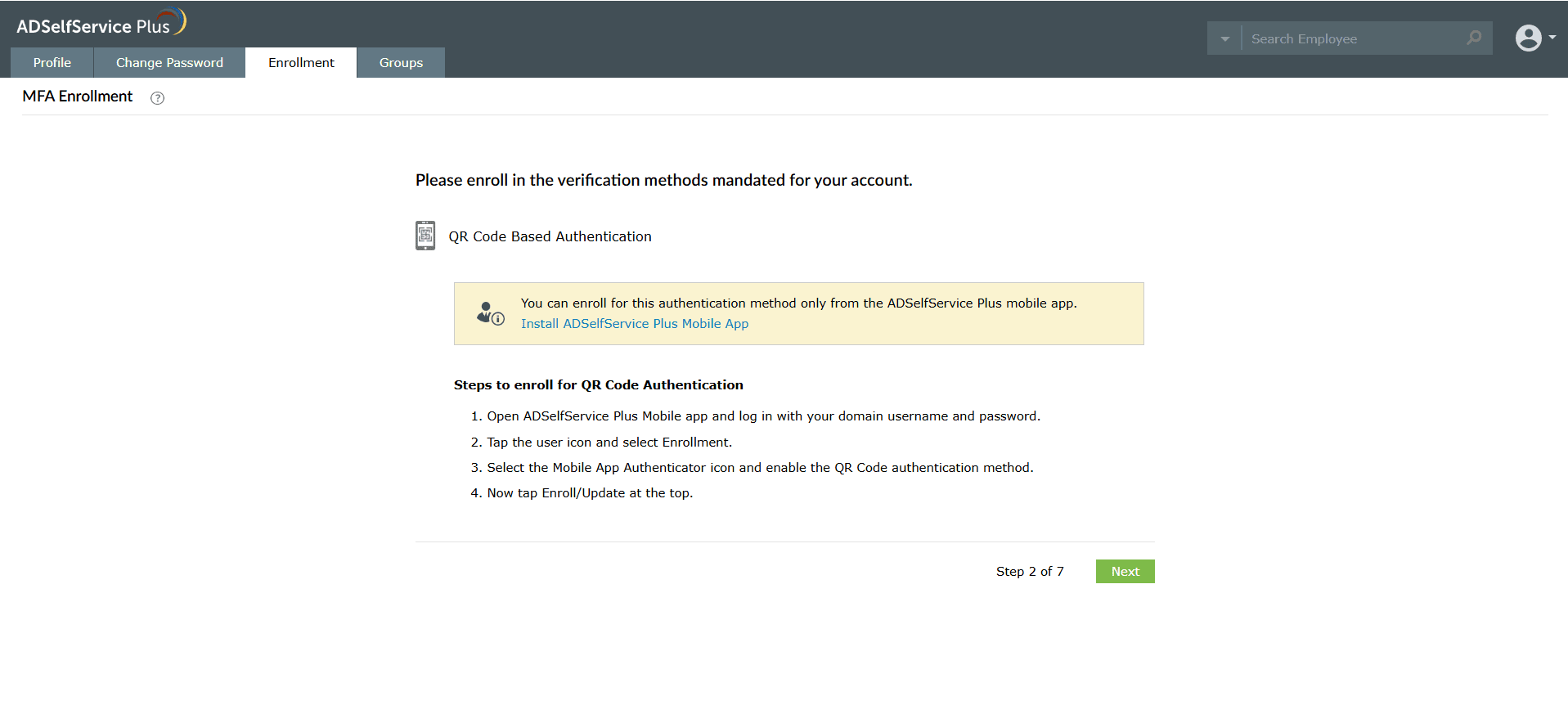 Enrolling for QR code-based authentication through the mobile app