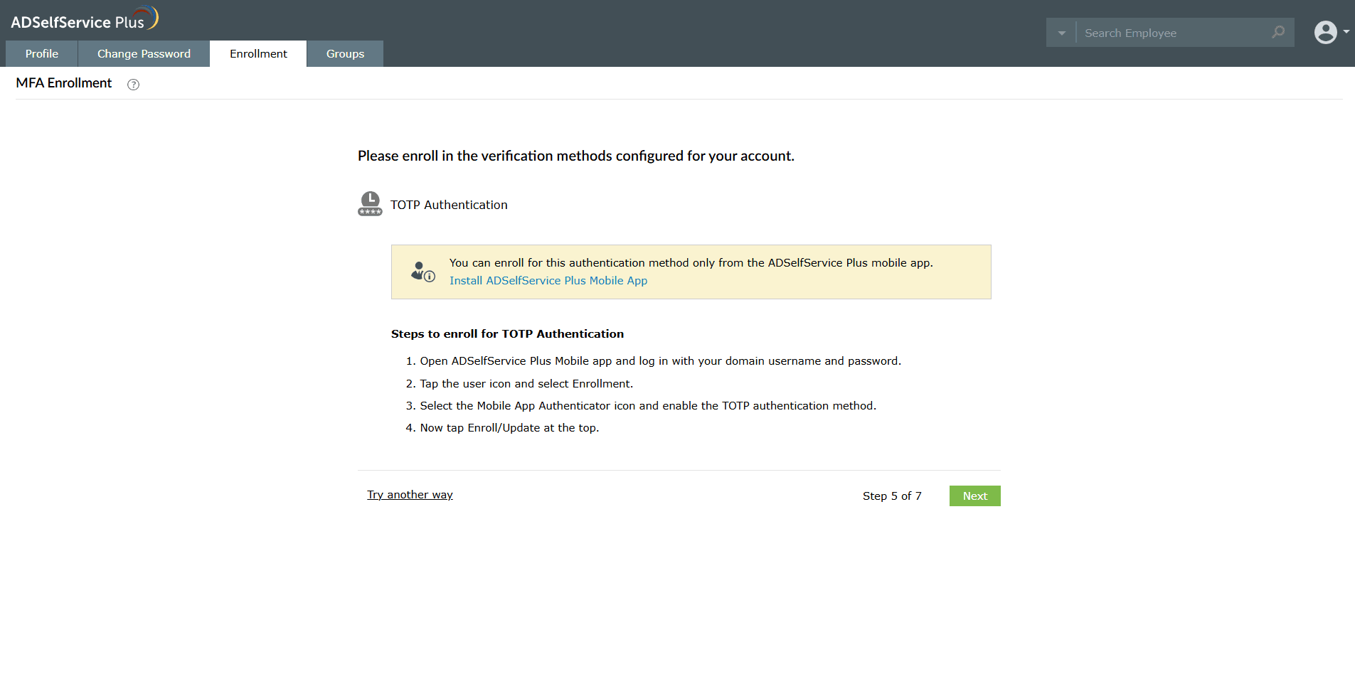 Enrolling for TOTP authentication through the mobile app